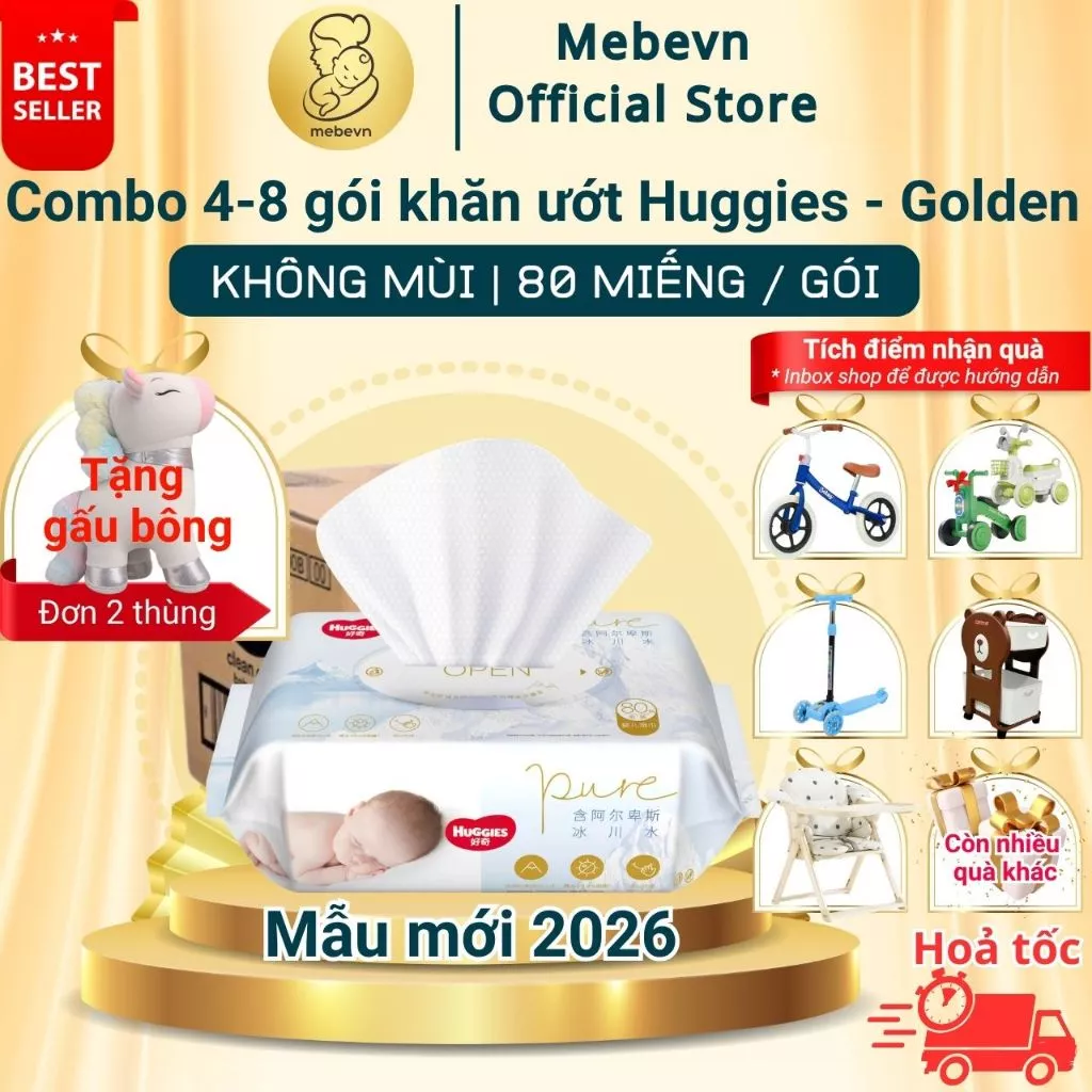 [FBS] Combo 4-8 gói khăn ướt Huggies Golden cao cấp, khăn ướt Huggies cho bé, không kích ứng da.