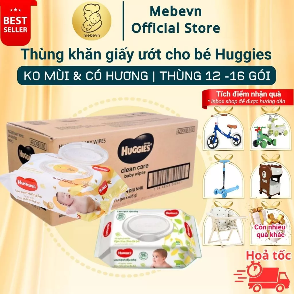 Thùng 12 gói khăn ướt Huggies cao cấp, khăn ướt Huggies cho bé sơ sinh, mềm dịu không kích ứng da