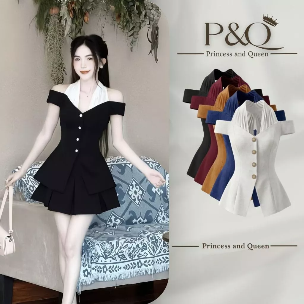 Áo kiểu nữ P&Q trễ vai cổ yếm phối ly sau thiết kế sang trọng chất coothun mềm mại | ao0016