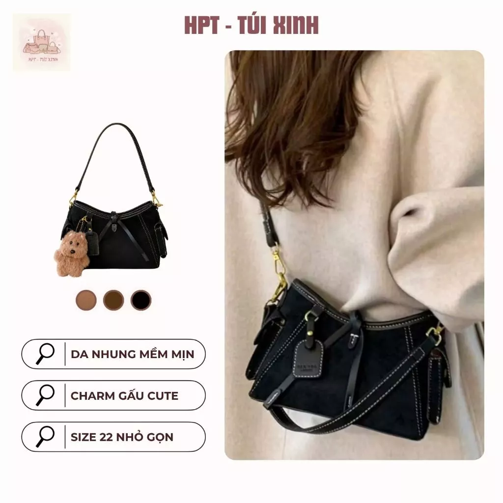 𝐂𝐓𝟎𝟏𝟎 - Túi xách nữ da lộn đeo vai đeo chéo kèm charm gấu cute, form cứng cáp style Hàn Quốc đi học đi chơi