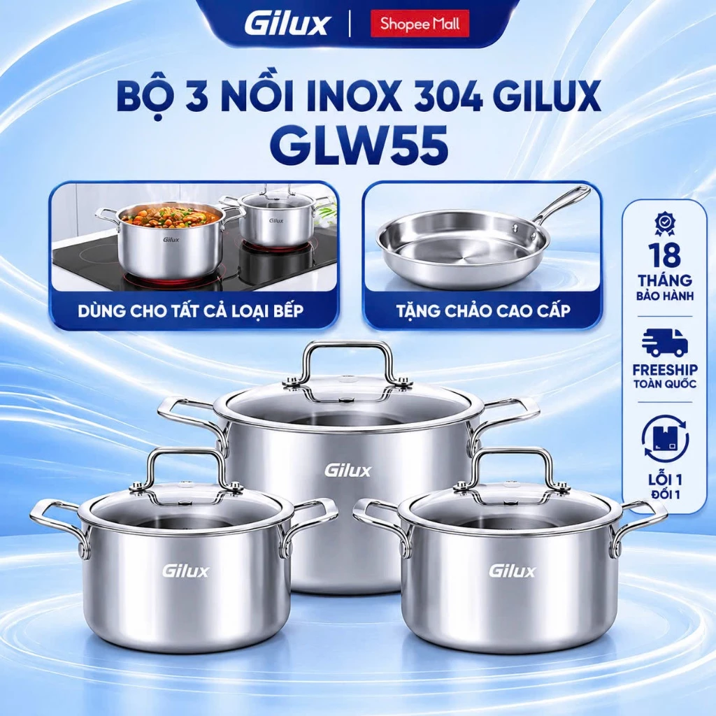 Bộ nồi inox 304 Gilux 3 lớp liền khối, Size 16-20-24cm