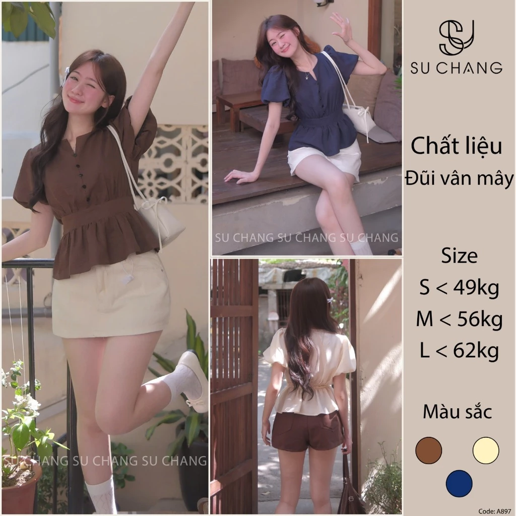 Áo Kiểu Cổ V Cúc Dọc Tay Bồng Bo Eo A897 Su Chang Thời Trang Nữ
