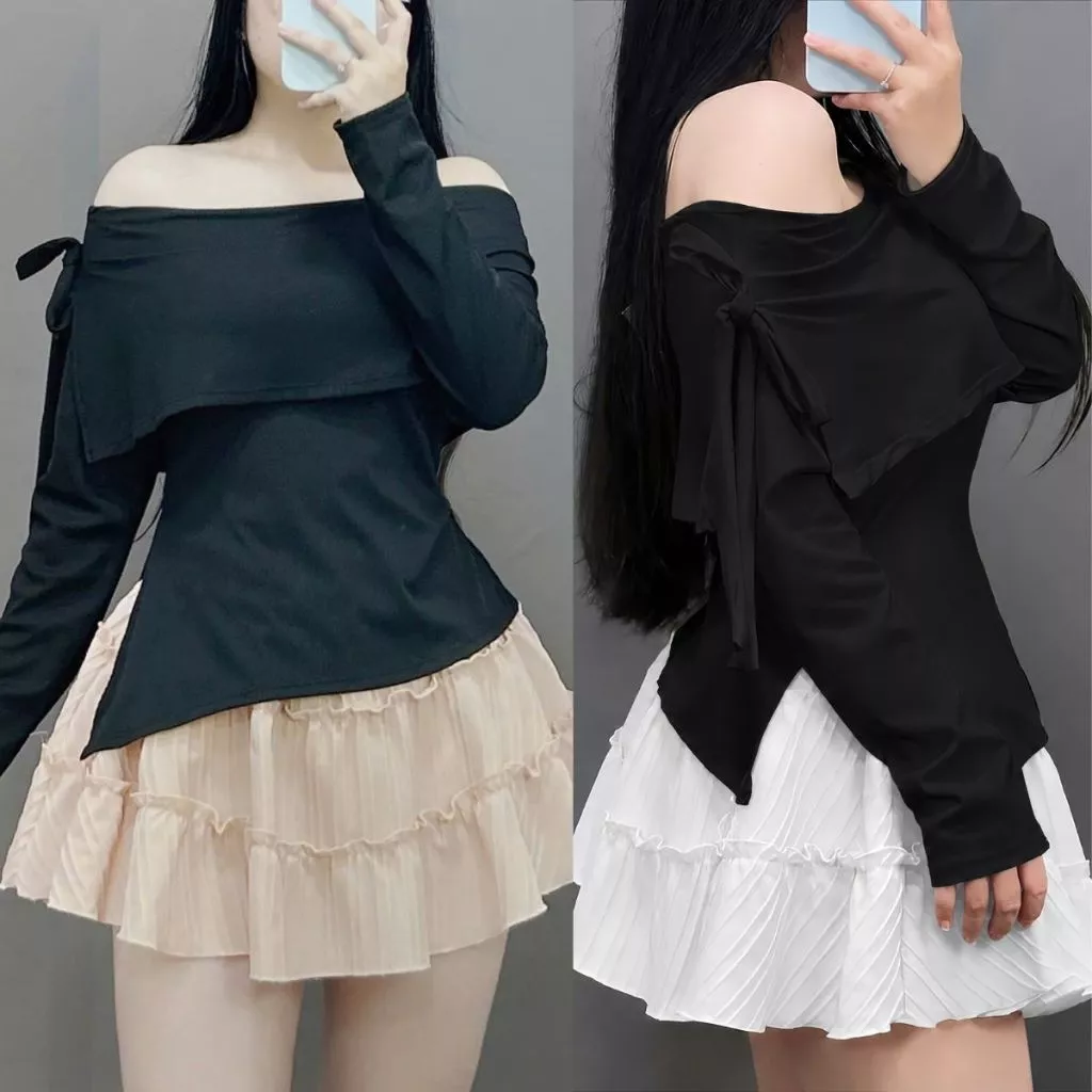 Set tiểu thư bigsize nữ áo trễ vai tay dài vải tăm kèm chân váy xòe chất xốp đũi xinh xắn cho các chuppy SET942