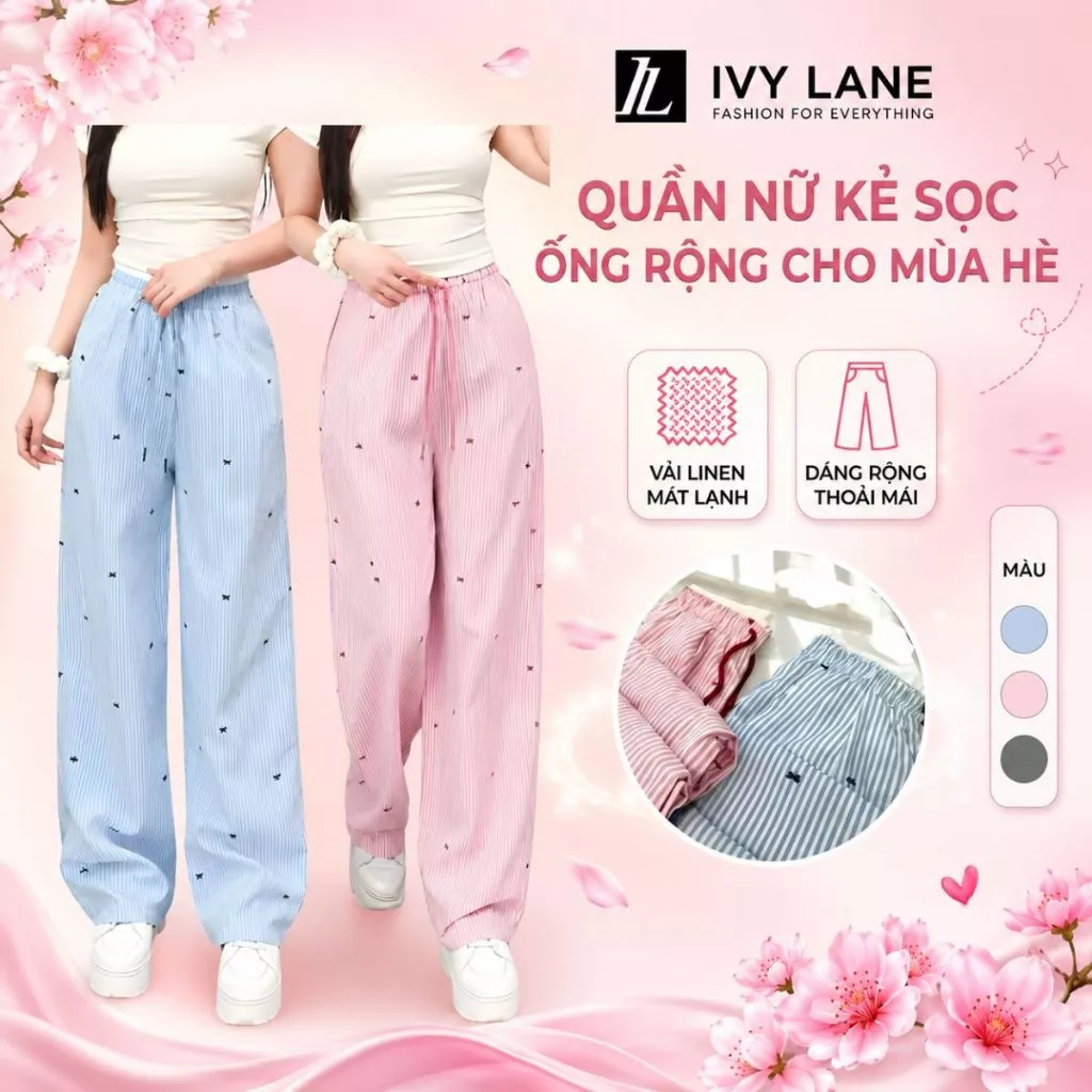 Quần Đũi Ống Rộng Nữ Kẻ Sọc Mùa Hè Quần Dài Nữ Phối Nơ Xinh Xắn Hàng Cao Cấp Mát Lạnh KQ02