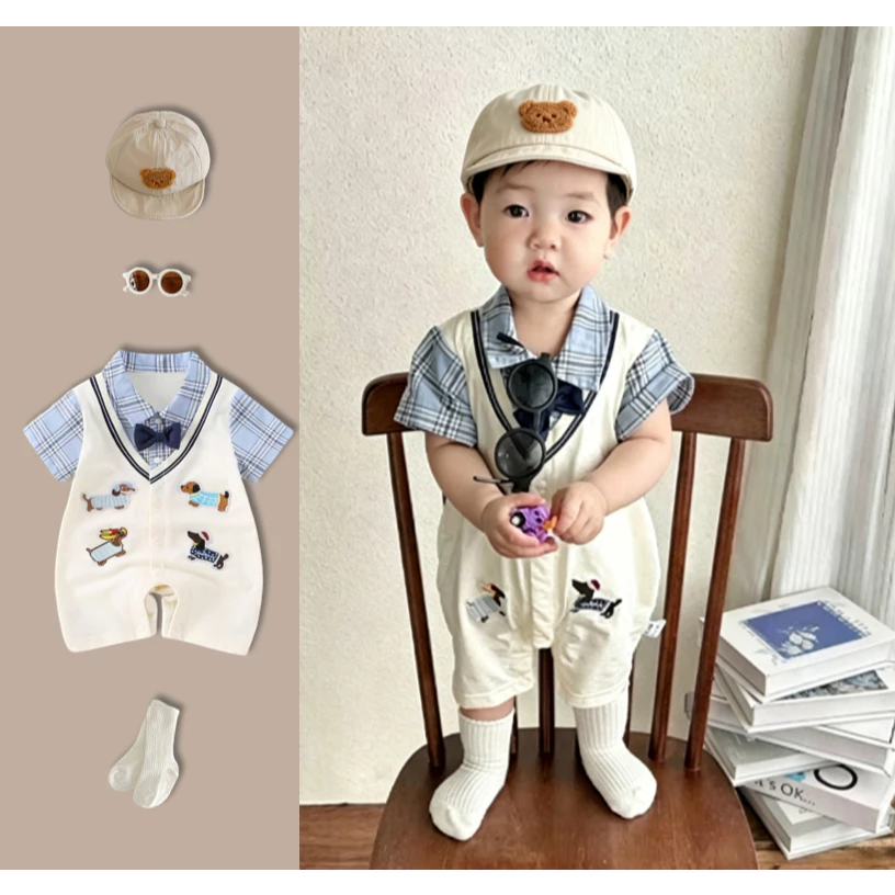 Bé bé mùa hè tay ngắn romper phong cách quý ông thời trang phong cách Hàn Quốc Jumpsuit 0-24 M