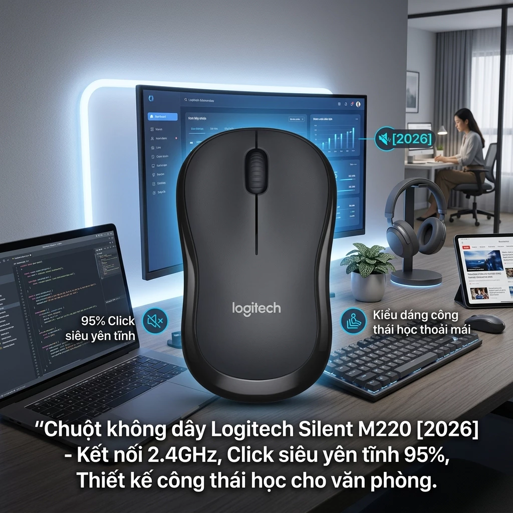 L/ogitech M220 Silent 2026 Chuột Wireless Công Thái Học Kết Nối 2.4GHz Siêu Êm