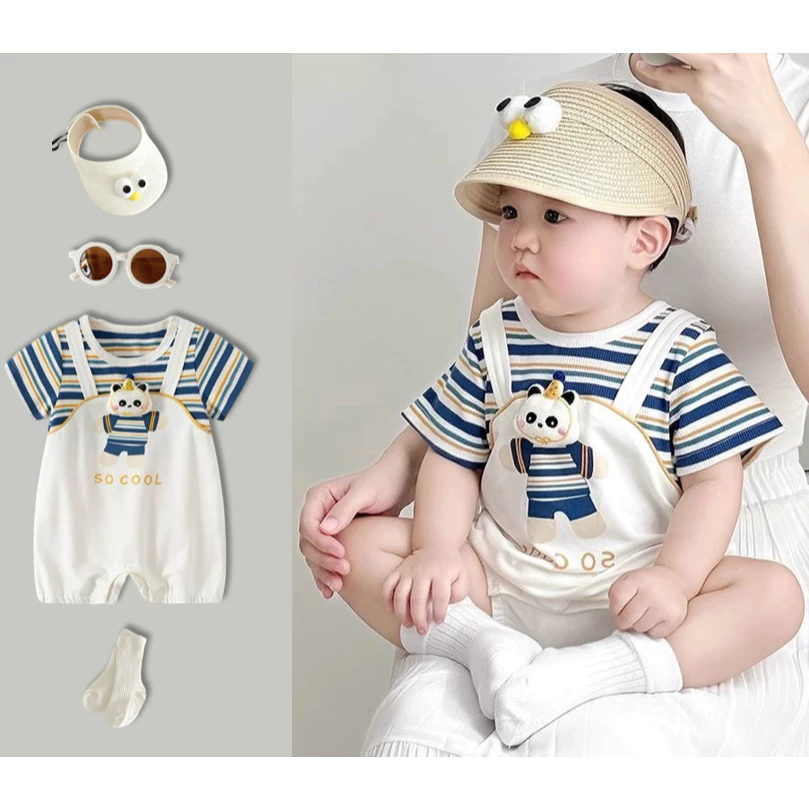 Bé bé mùa hè mềm bông tay ngắn romper sọc mẫu gấu phong cách Hàn Quốc Jumpsuit 0-24 M