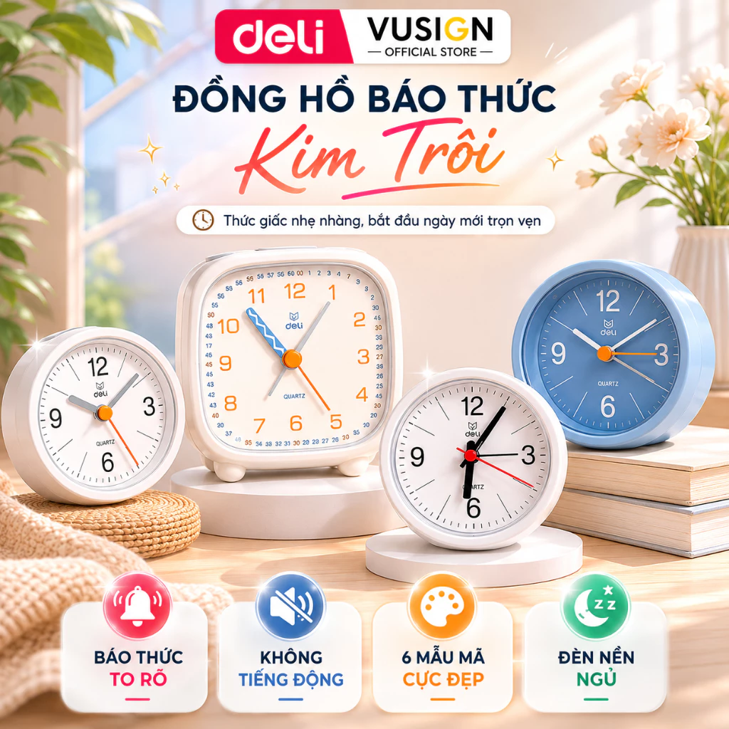 [TẶNG PIN] Đồng Hồ Báo Thức Để Bàn Có Đèn Kim Trôi Có Chuông Reo DELI - Thân Nhựa, Kiểu Dáng Tinh Tế
