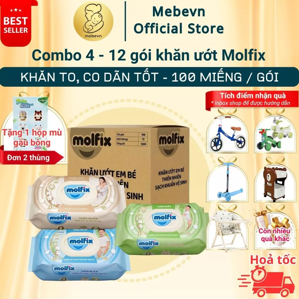 Combo 4-12 gói khăn ướt cao cấp Molfix, khăn ướt cho bé to, co dãn tốt, mềm dịu không kích ứng da