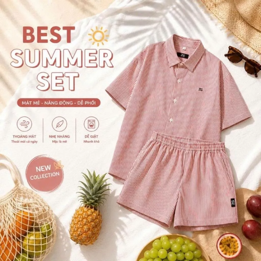 Combo mùa hè áo sơ mi và quần short kẻ sọc unisex ZGO phong cách năng động, trẻ trung.