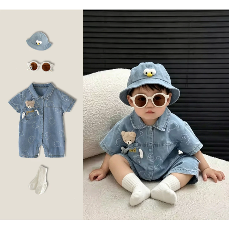 Bé bé mùa hè mềm bông tay ngắn romper thời trang denim mẫu gấu phong cách Hàn Quốc Jumpsuit 0-24 M