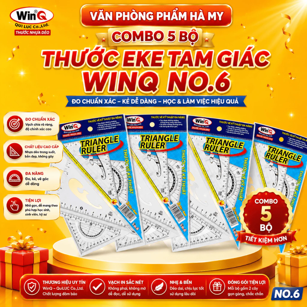 Combo 5 Bộ thước kẻ dẻo eke tam giác WinQ No.6 Cỡ Lớn