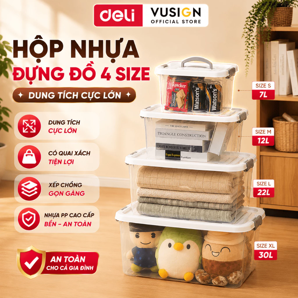 Hộp Nhựa Đa Năng DELI Có Nắp Khóa -Nhựa Trong Suốt 7L/12L/22L/30L Đựng Quần Áo Đồ Chơi Sách Vở