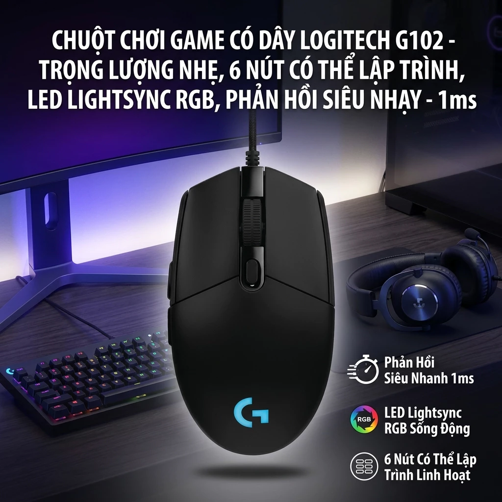 Chuột Chơi Game Logitech G102 Có Dây Led RGB Lightsync 1ms 6 Nút Lập Trình