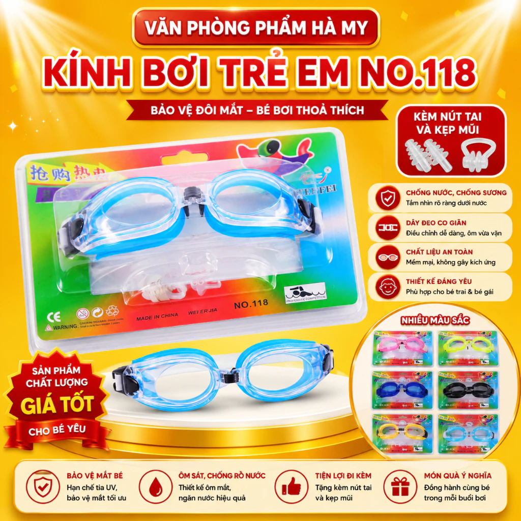 Kính Bơi Trẻ Em 118 - Tặng Kèm Nút Tai Và Kẹp Mũi