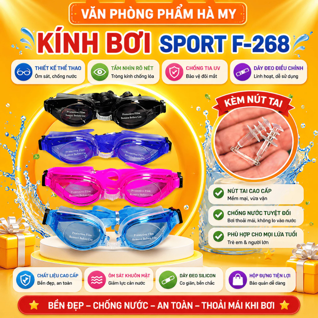 Kính Bơi Trong Suốt Sport F-268 Tặng Kèm Nút Tai