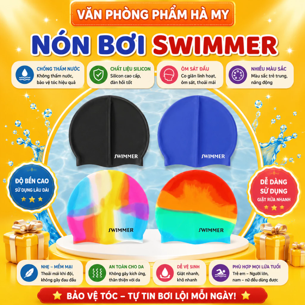 Nón bơi Swimmer, Mũ bơi silicon phù hợp cho người lớn và trẻ em