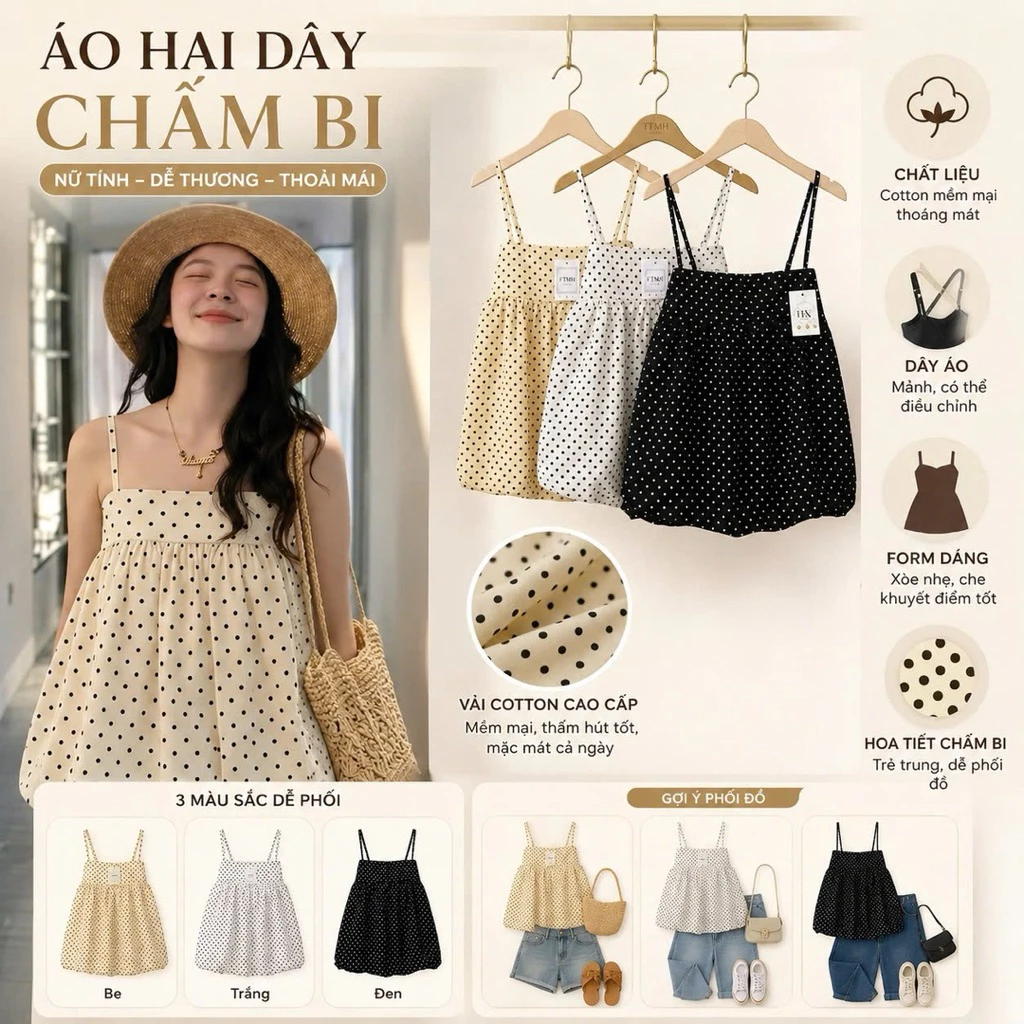 Áo Bí 2 Dây Chấm Bi Phồng Có Dây Điều Chỉnh Form Babydoll Rộng Chất Đũi  mùa hè cho nữ
