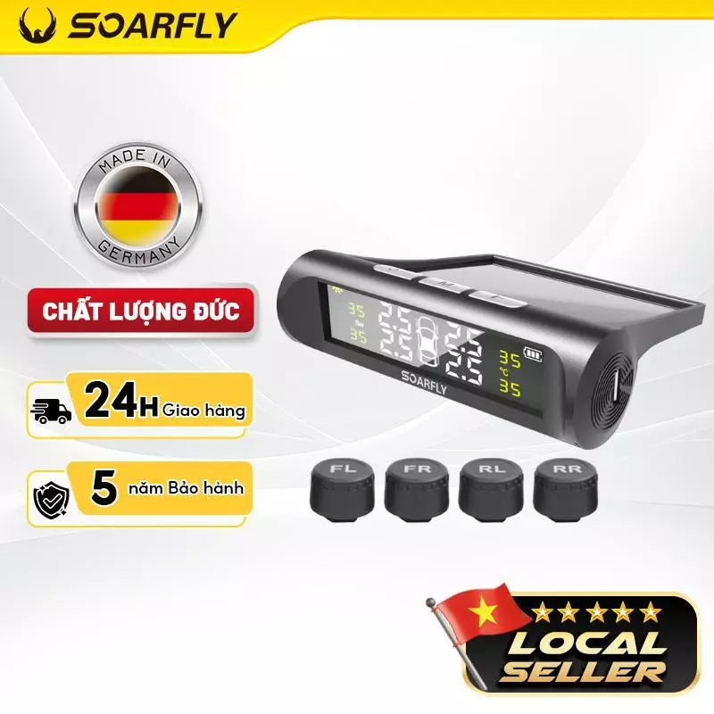 SOARFLY Cảm Biến Áp Suất Lốp ô tô TPMS không dây dùng tấm pin mặt trời màn hình LCD có USB và 4 cảm biến đang được đối chiếu cho người mua tại Việt Nam
