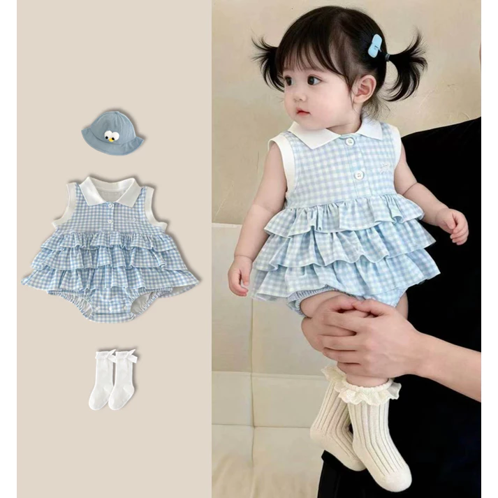 Bé gái mùa hè áo ngắn tay Jumpsuit, mềm bông xanh lưới váy 0-24 M