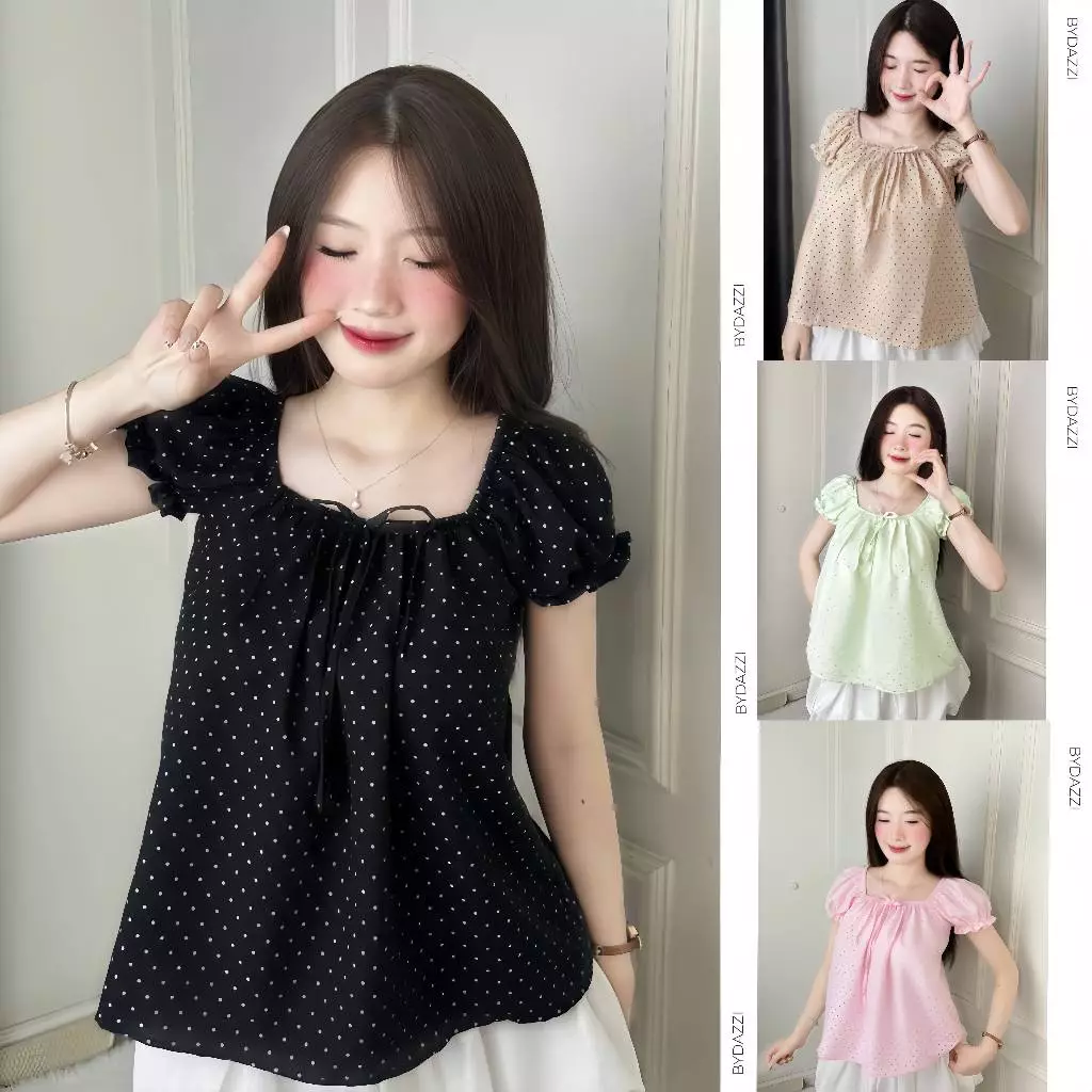[SALE HÈ] Áo Babydoll tay bồng tiểu thư họa tiết chấm bi phối nơ free size DAZZI Women A093