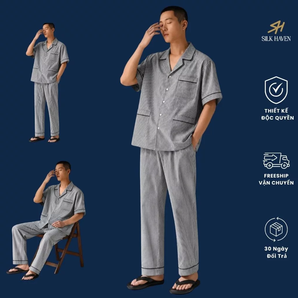 Bộ Pijama Nam Oxford Cotton cao cấp tay ngắn - SILK HAVEN SN5-Đồ Bộ Cotton basic cộc tay nam cao cấp