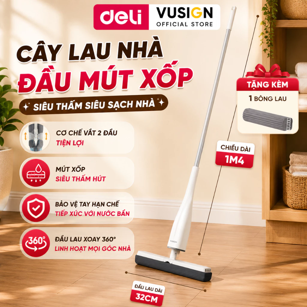 Cây lau nhà mút xốp tự vắt thông minh DelixVusign cao cấp siêu thấm hút tiện lợi dễ dàng vệ sinh mọi ngóc ngách