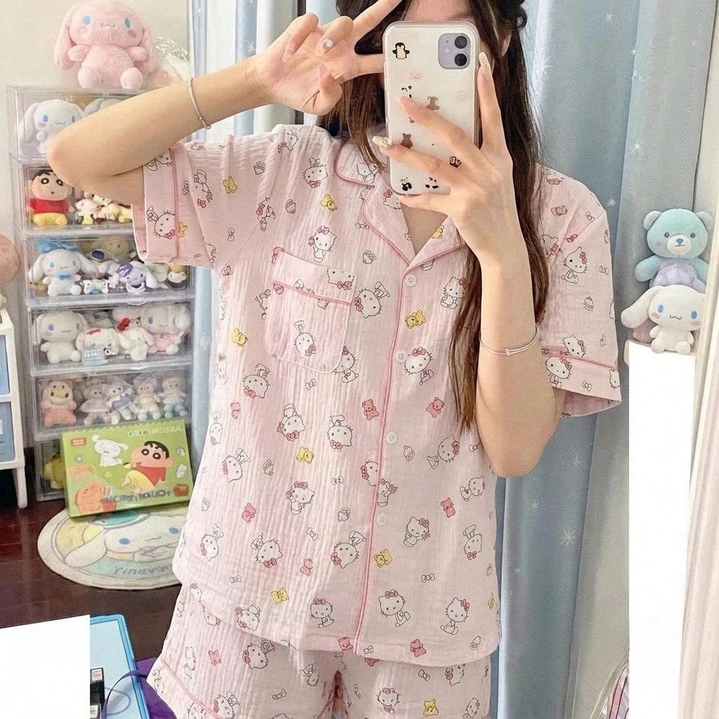 Bộ ngủ mặc ở nhà in hình thỏ hồng xinh xắn nhiều màu chất liệu kate thái mát