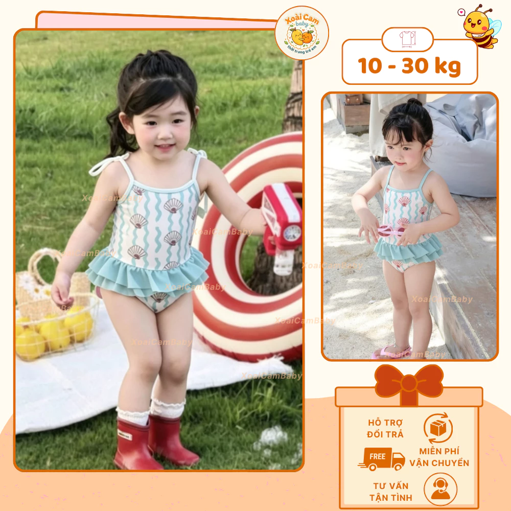 Đồ Bơi Bé Gái Liền Thân Họa Tiết Vỏ Sò Dễ Thương Kèm Bèo Xinh Chống Nắng Đi Biển Hồ Bơi