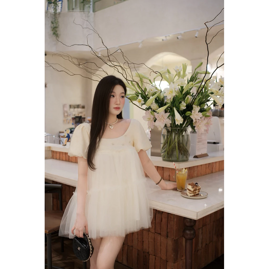 LEMON TOP - Áo váy tay bồng xoè đính hoa đá tiểu thư DTM