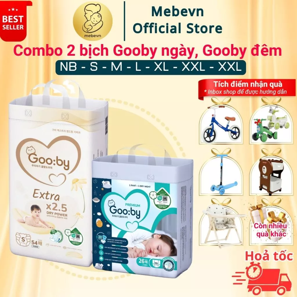 Combo 2 Tã/bỉm Gooby chính hãng Extra/Premium đủ size NB/S/M/L/XL/XXL/XXXL chống tràn hiệu quả