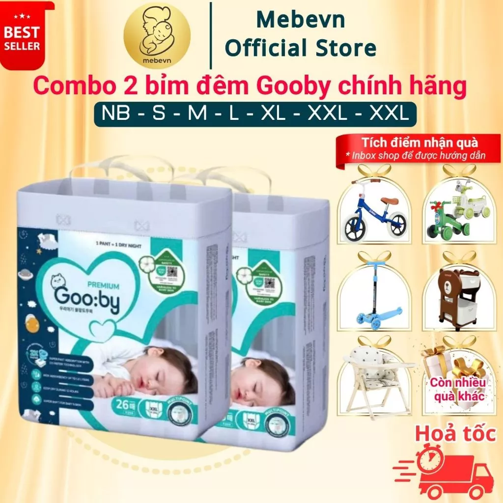 Combo 2 Tã/bỉm Gooby chính hãng Premium ban đêm đủ size NB/S/M/L/XL/XXL/XXXL chống tràn hiệu quả