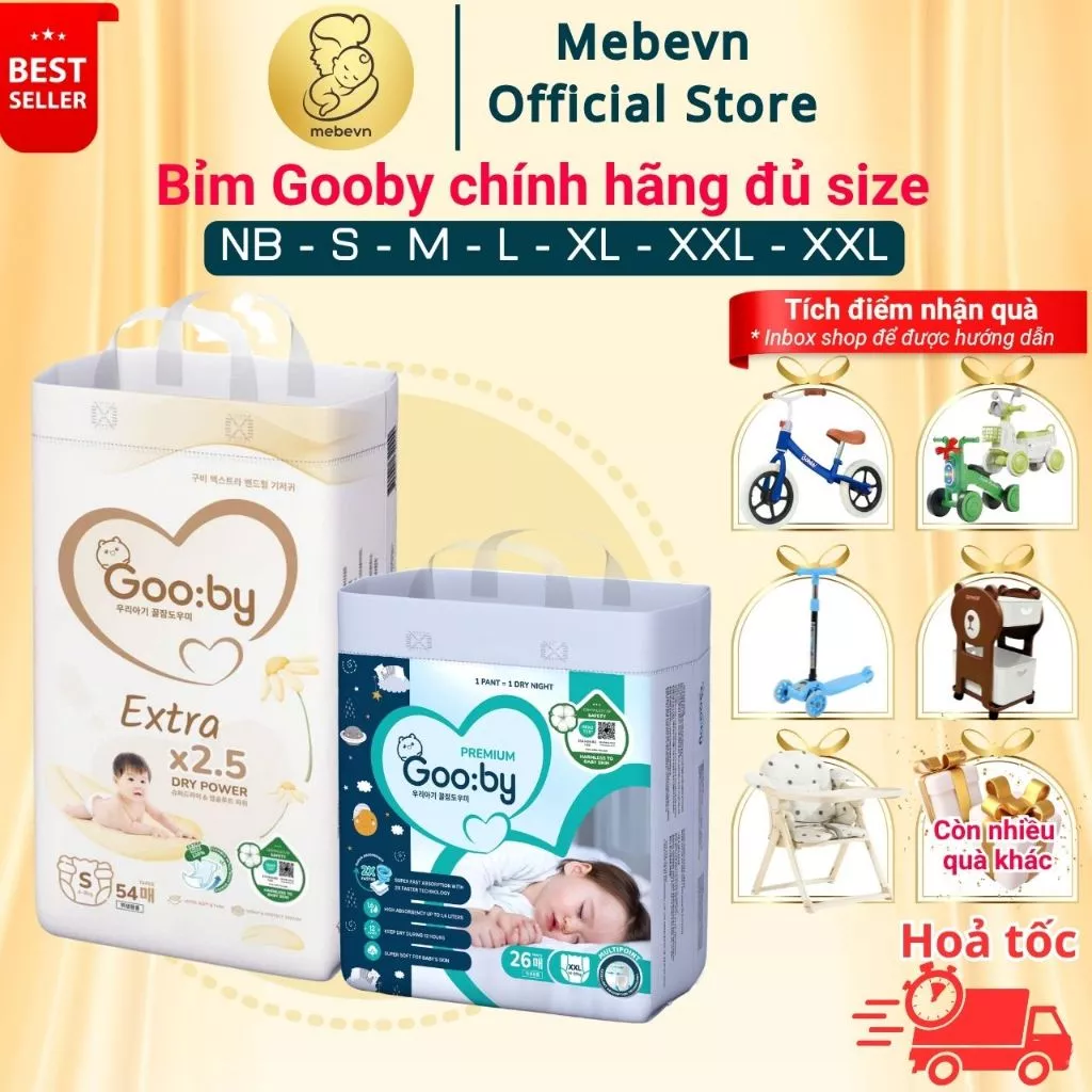 Tã/bỉm dán và quần Gooby chính hãng Extra/Premium đủ size NB/S/M/L/XL/XXL/XXXL chống tràn hiệu quả