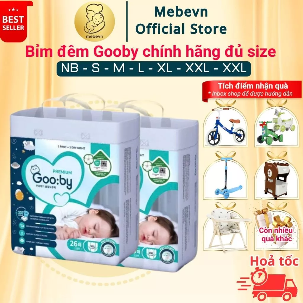 Tã/bỉm dán và quần Gooby chính hãng Premium ban đêm đủ size NB/S/M/L/XL/XXL/XXXL chống tràn hiệu quả