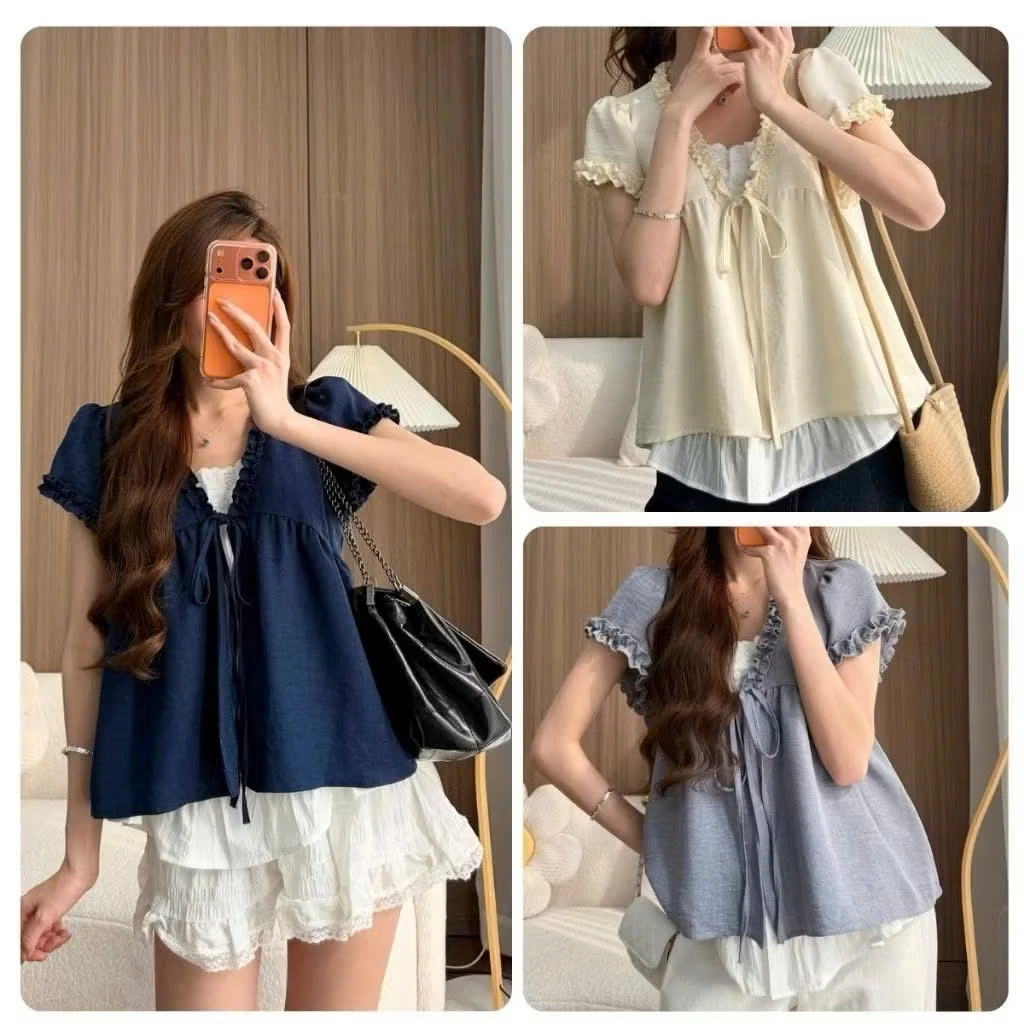 Áo babydoll Nữ dễ thương chất đũi hàn tay ngắn phối ren bèo 2 lớp 3 màu xinh xắn hot trend