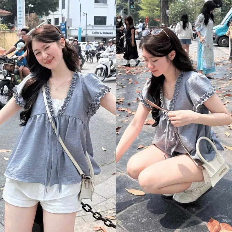 Áo babydoll cổ V dễ thương chất đũi hàn tay ngắn phối ren bèo 2 lớp nhiều màu hot trend