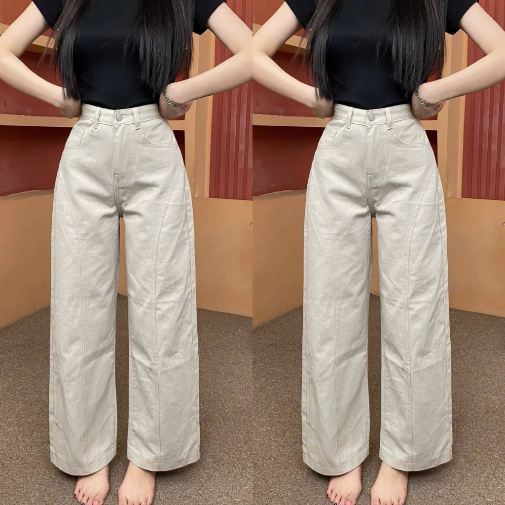 Quần Jean Nữ Ống Rộng Nối Thân Nhiều Màu Lưng Cạp Cao Vải Cotton Mềm Mát Không Co Giãn Q453