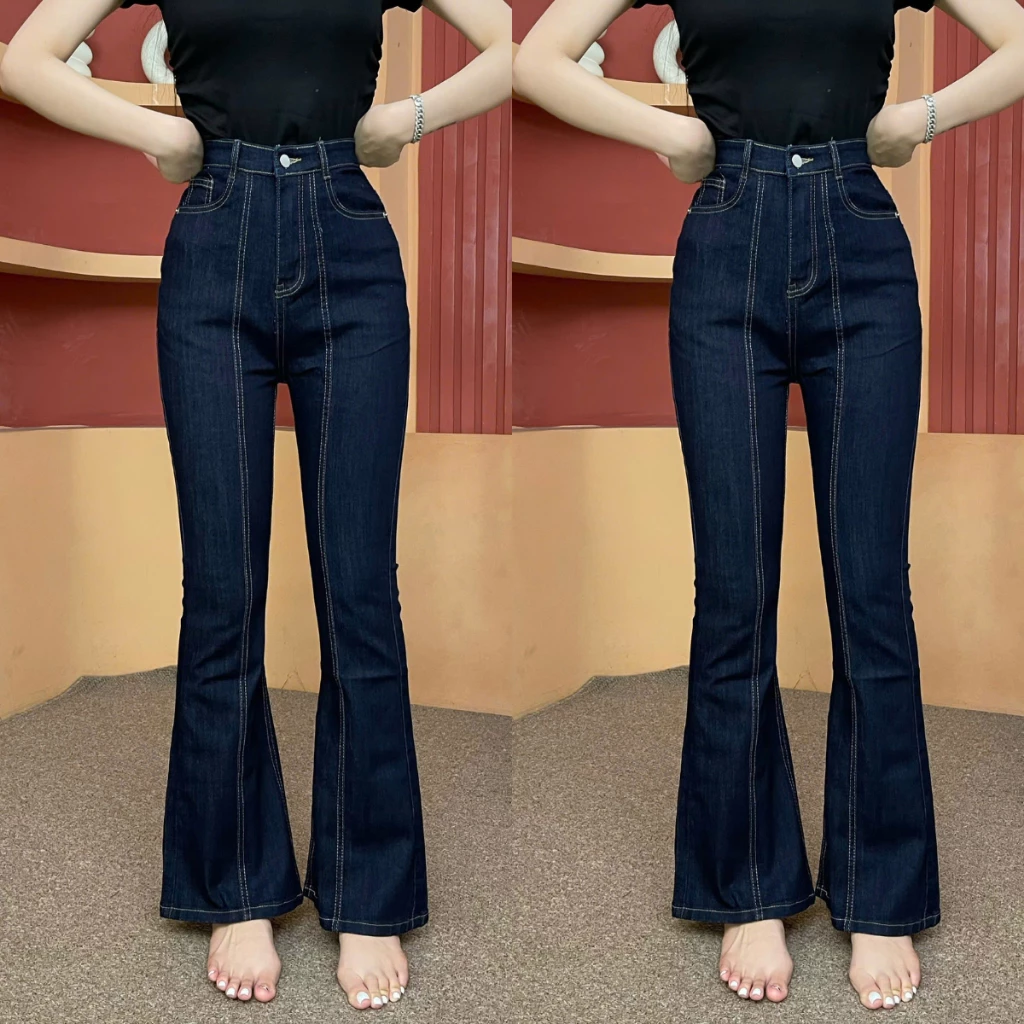 Quần Jean Nữ Ống Loe Cạp Cao Có Fom 95 Và 105cm Màu Xanh Than Vải Mềm Mát Co Giãn Tốt Q451