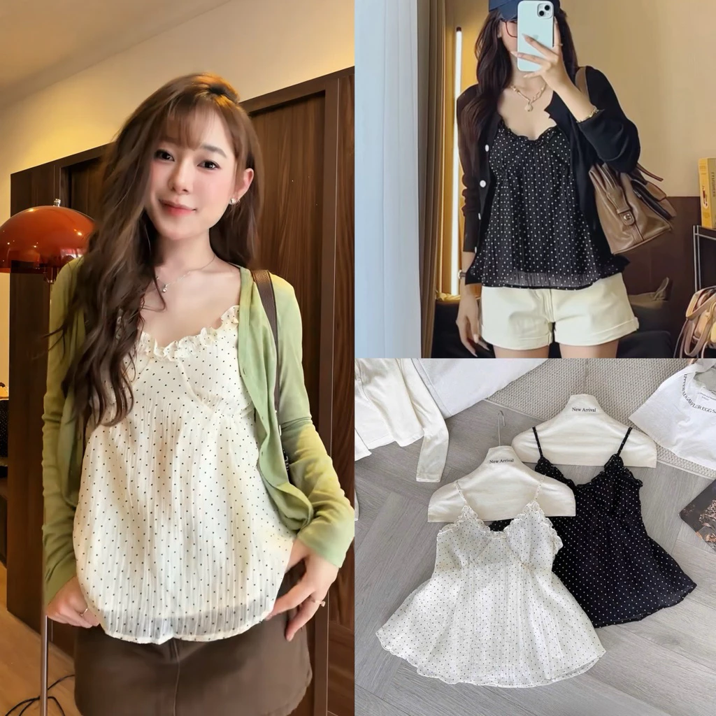 (Hàng Chuẩn L1) Áo 2 dây viền bèo hoạ tiết chấm bi chất tơ đũi mềm form xoè Lalaa Top - A5624