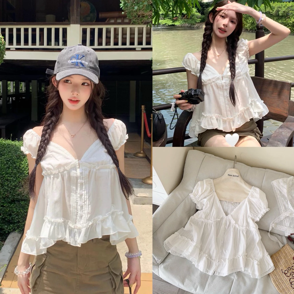 [Hàng Loại 1] Áo babydoll cổ V tay ngắn bồng bo chun viền bèo ngực form xoè Dreamy Top - A11291