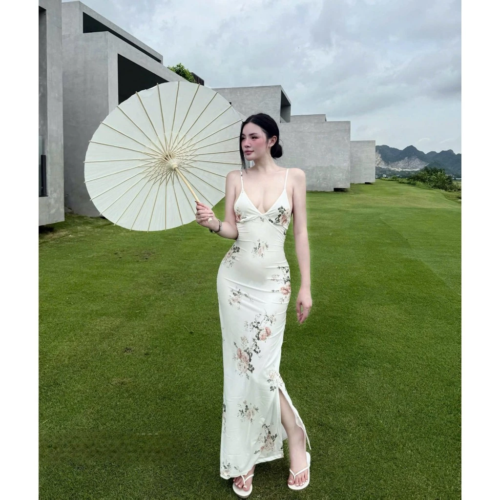 Váy hoa 2 dây body dáng dài đuôi cá đầm 2 màu tôn dáng đi chơi đi du lịch V41