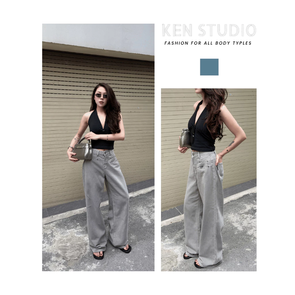 Quần Jeans Nữ Ống Rộng , Quần Jeans Suông Ken Túi Moi Màu Xám Retro Cao Cấp[Q018]