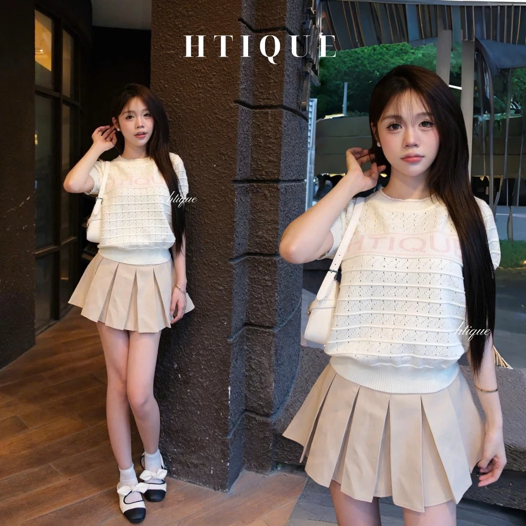 HTIQUE - Áo len dệt kim đục lỗ nữ phối chữ trendy phong cách Hàn, Áo len đục lỗ thoáng khí gam màu nhẹ nhàng AT23