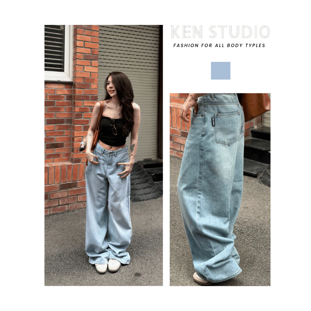 Quần Jeans Suông Ống Rộng Nữ , Quần Jeans Ken Suông Ống Rộng Túi Moi Trước Màu Xanh KQ007