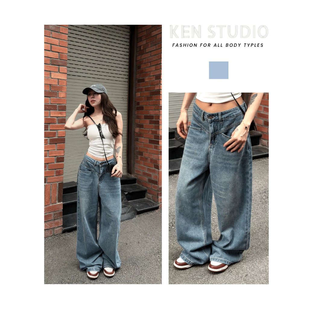 Quần Jeans Suông Ống Rộng , Quần Jeans Nữ Ken Túi Trước Chữ V Màu Xanh Trung Tính Kenstudio Q008