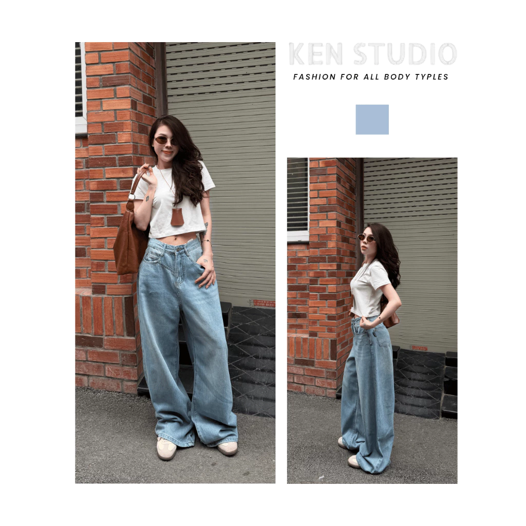 Quần Jeans Nữ Ống Rộng , Quần Jeans Suông Ken Túi Vạt Chéo Màu Xanh Retro[Q009]