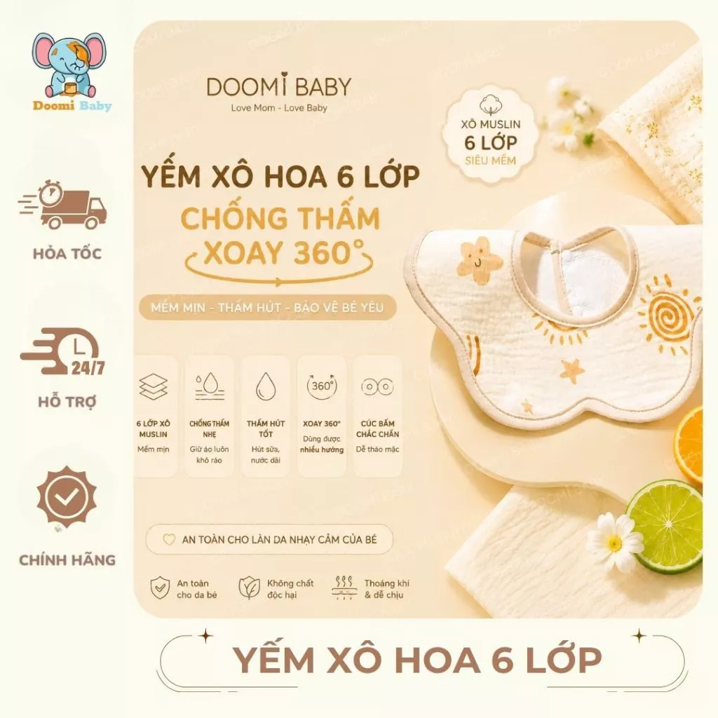 [Combo 5 Chiếc] Yếm Xô Hoa 6 Lớp Chống Thấm Xoay 360 Độ Mềm Mịn Thấm Hút -  Doomi Baby - HT555 - HT842