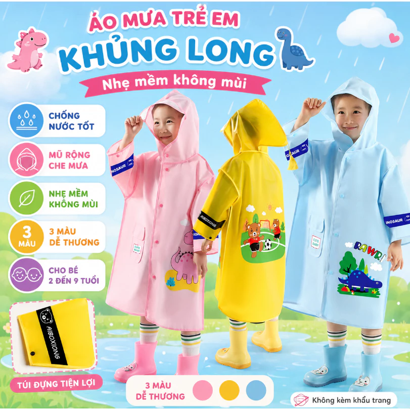 Áo Mưa Khủng Long Siêu Đáng Yêu Cho Bé 2-9 Tuổi - Nhẹ Mềm Không Mùi, Mặt Nạ Tháo Rời, Bé Thích Mê Đi Mưa