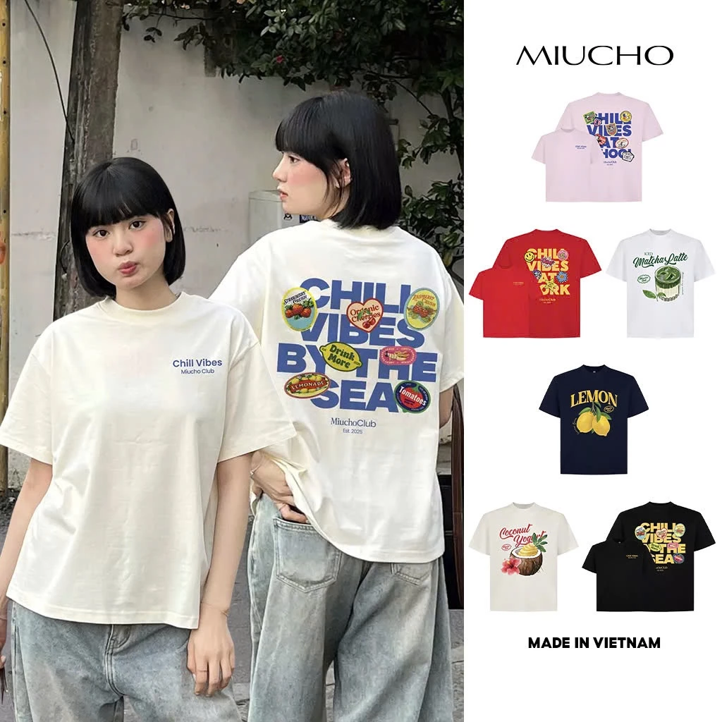 Áo Thun Boxy Miucho Chill Vibes Thoáng Mát Tay Ngắn Cổ Tròn Đứng Form In Mix 2104