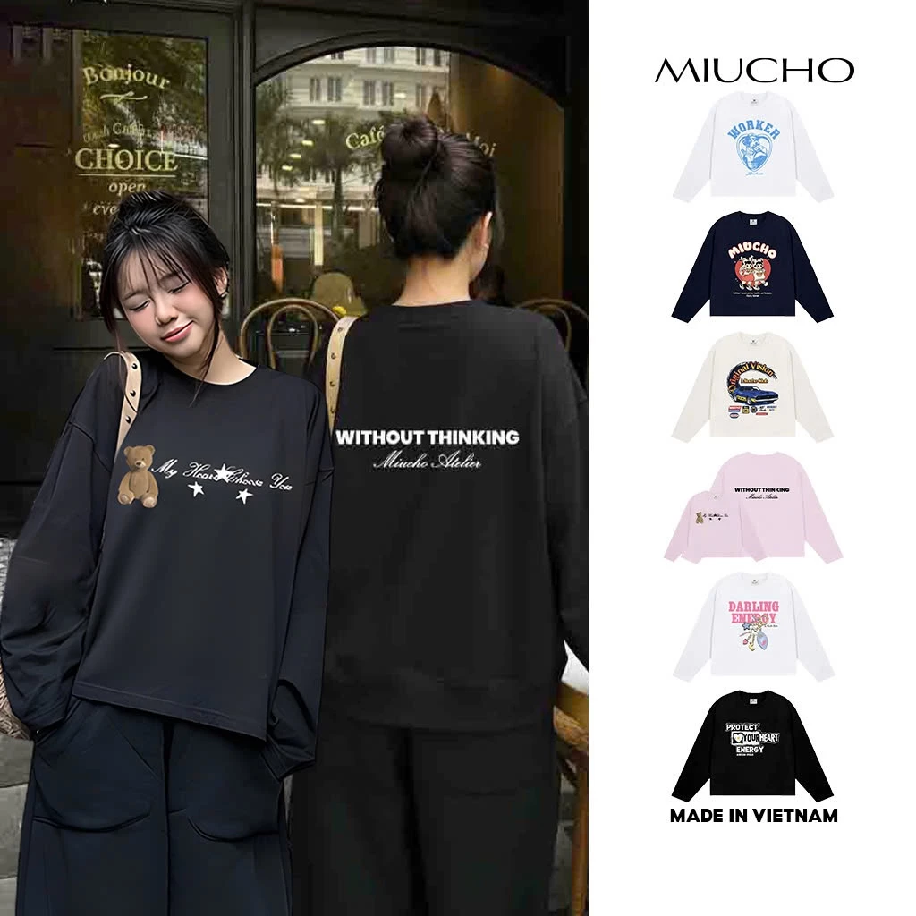 Áo thun boxy tay dài Miucho BST cartoon phối chữ
